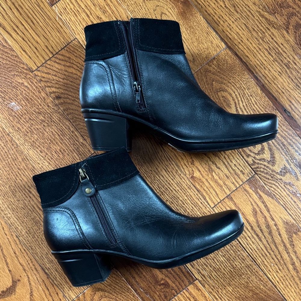 Clarks Black Leather & Suede Ankle Booties with Low Block Heel